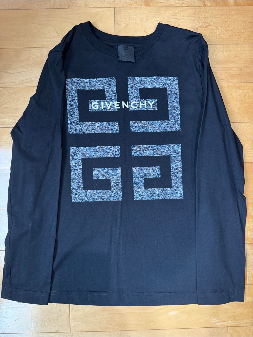 Givenchy Black Long-Sleeve Logo Graphic Tee with Blue Accents size 10